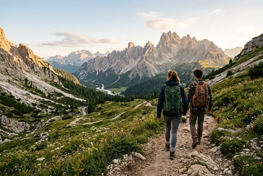 Travelers hiking through a scenic mountain landscape