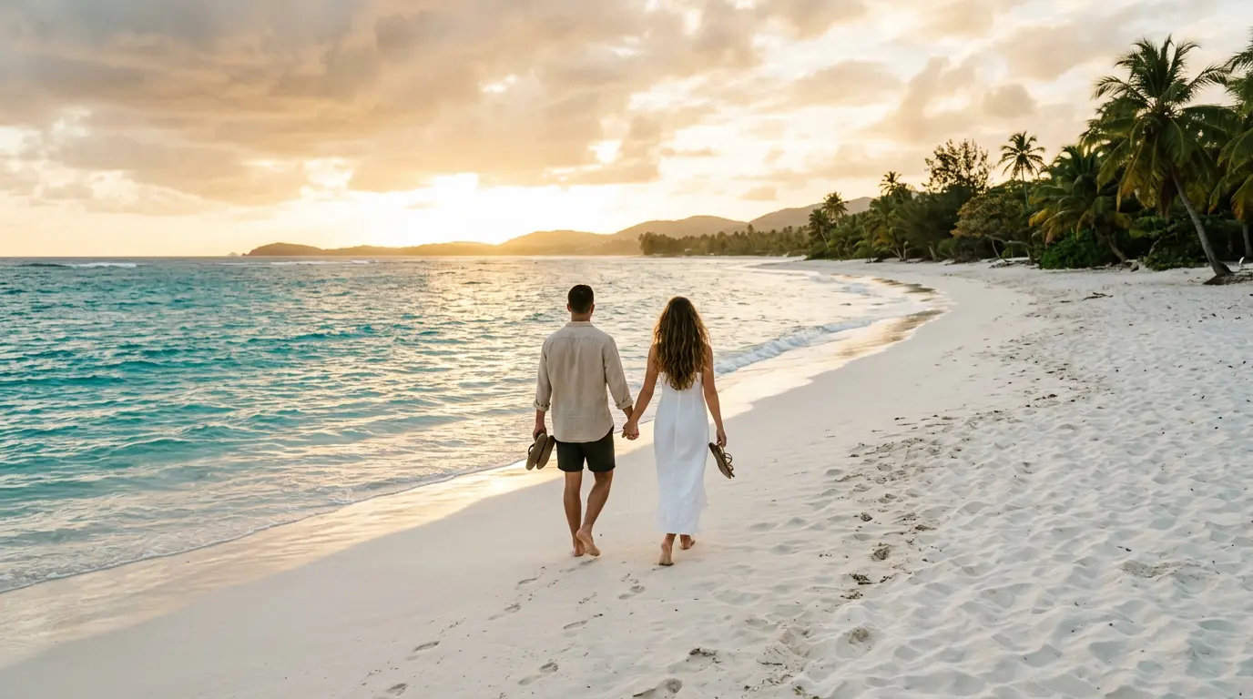 A couple enjoying a relaxing day on a white-sand beach